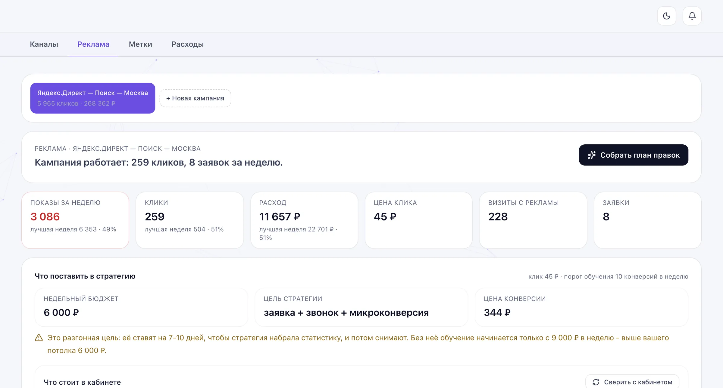VM Analytics: раздел рекламы с каналами и окупаемостью